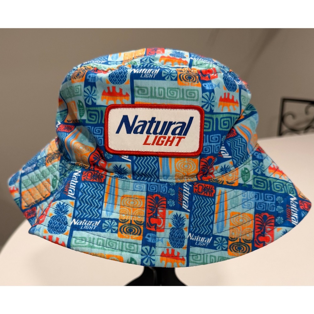Natural Light Beer Bucket Hat Tropical Tiki Pineapple Blue Orange Festival Cap